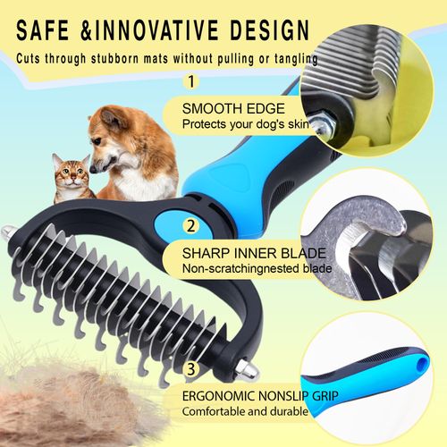 Double-sided pet grooming rake works for dogs and cats. It safely removes loose undercoat and tangled mats, effectively controls shedding without hurting pets, ideal for long-haired breeds, free shipping and cash on delivery.