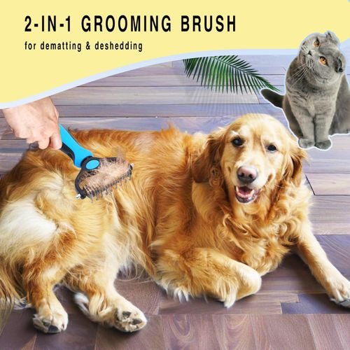 Double-sided pet grooming rake works for dogs and cats. It safely removes loose undercoat and tangled mats, effectively controls shedding without hurting pets, ideal for long-haired breeds, free shipping and cash on delivery.