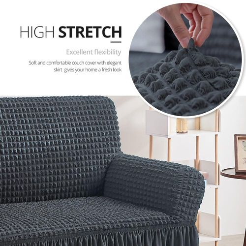 1-piece dark grey loveseat slipcover with country style skirt, high stretch and durable fabric, easy to install fitted sofa furniture protector for standard love seats, free shipping and cash on delivery.