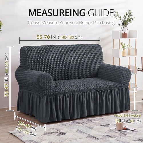 1-piece dark grey loveseat slipcover with country style skirt, high stretch and durable fabric, easy to install fitted sofa furniture protector for standard love seats, free shipping and cash on delivery.
