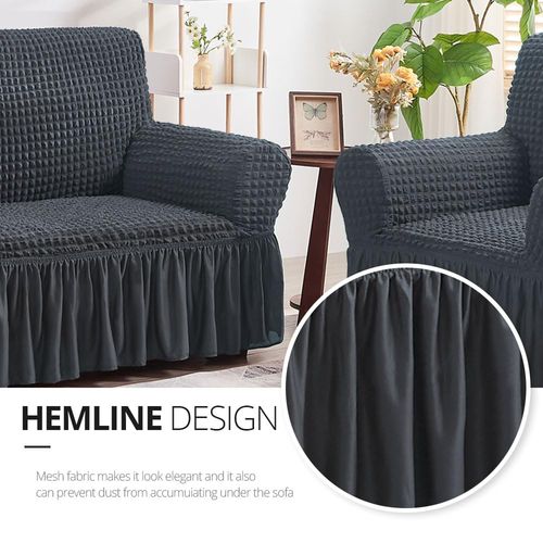 1-piece dark grey loveseat slipcover with country style skirt, high stretch and durable fabric, easy to install fitted sofa furniture protector for standard love seats, free shipping and cash on delivery.