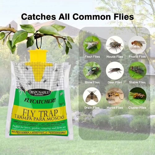 Disposable fly trap bags for outdoor use, mess-free design to catch flies efficiently, ideal for yards, gardens, farms and horse ranches, free shipping and cash on delivery.