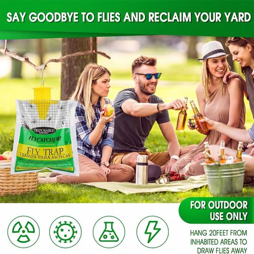 Disposable fly trap bags for outdoor use, mess-free design to catch flies efficiently, ideal for yards, gardens, farms and horse ranches, free shipping and cash on delivery.
