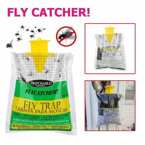 Disposable fly trap bags for outdoor use, mess-free design to catch flies efficiently, ideal for yards, gardens, farms and horse ranches, free shipping and cash on delivery.