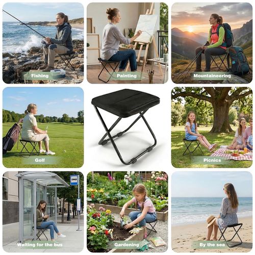 Lightweight collapsible folding stool with two side storage pockets, ultra compact pocket size, perfect portable seating gear for fishing, hiking and outdoor trips, free shipping and cash on delivery.