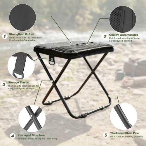 Lightweight collapsible folding stool with two side storage pockets, ultra compact pocket size, perfect portable seating gear for fishing, hiking and outdoor trips, free shipping and cash on delivery.