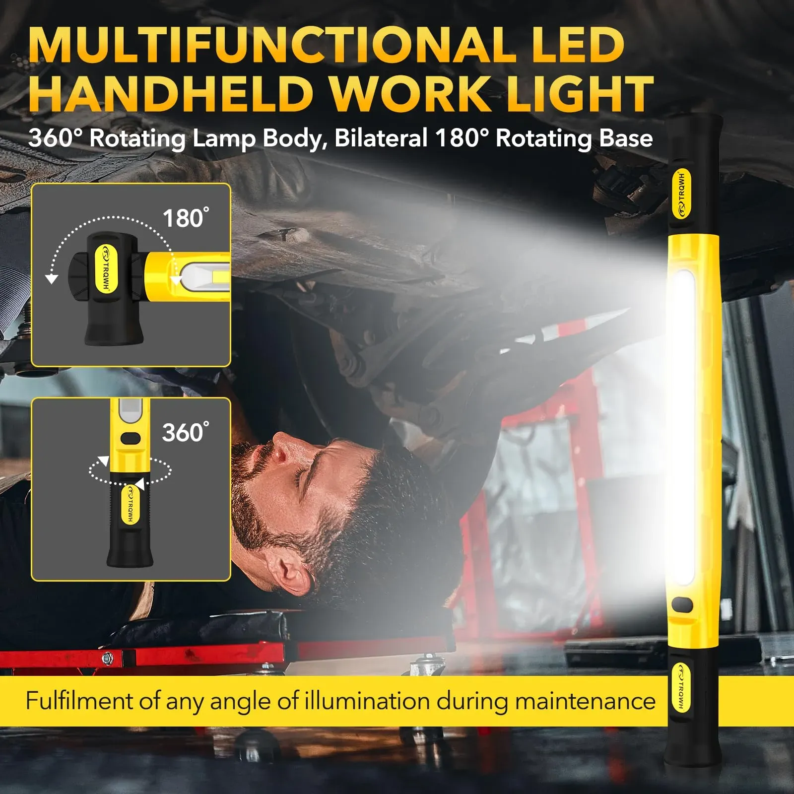 Yellow rechargeable LED work light bar built with strong magnet and hanging hooks, specially designed as under-hood lighting for auto repair, also applicable for garage maintenance and outdoor camping use, free shipping and cash on delivery.