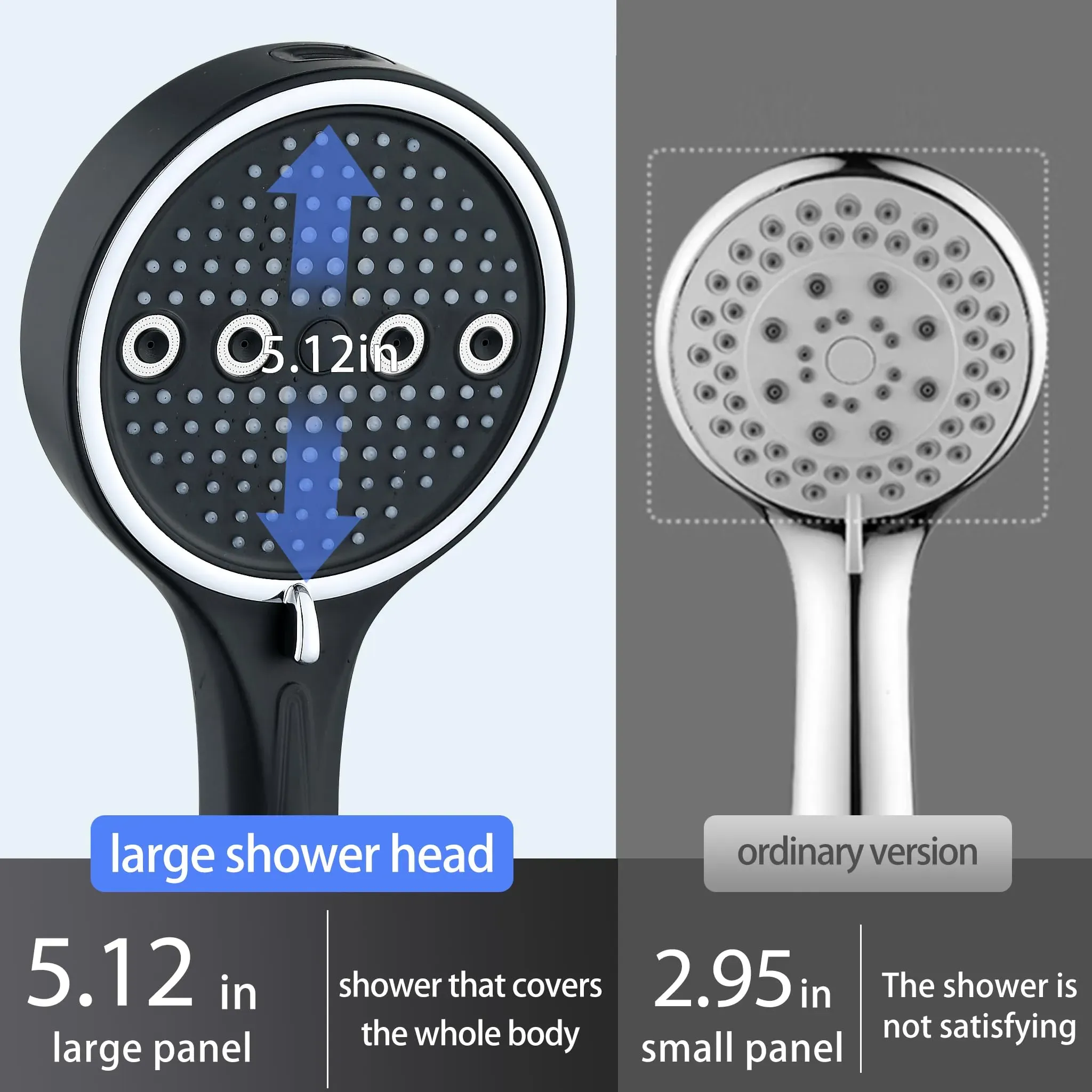 Black chrome-plated handheld shower head with 6 adjustable spray settings: rain, pulse, boost, mist, mix and self-clean mode. Matched with 2-meter explosion-proof PVC shower hose and no-drill installation bracket, easy to assemble for bathroom renovation, free shipping and cash on delivery.