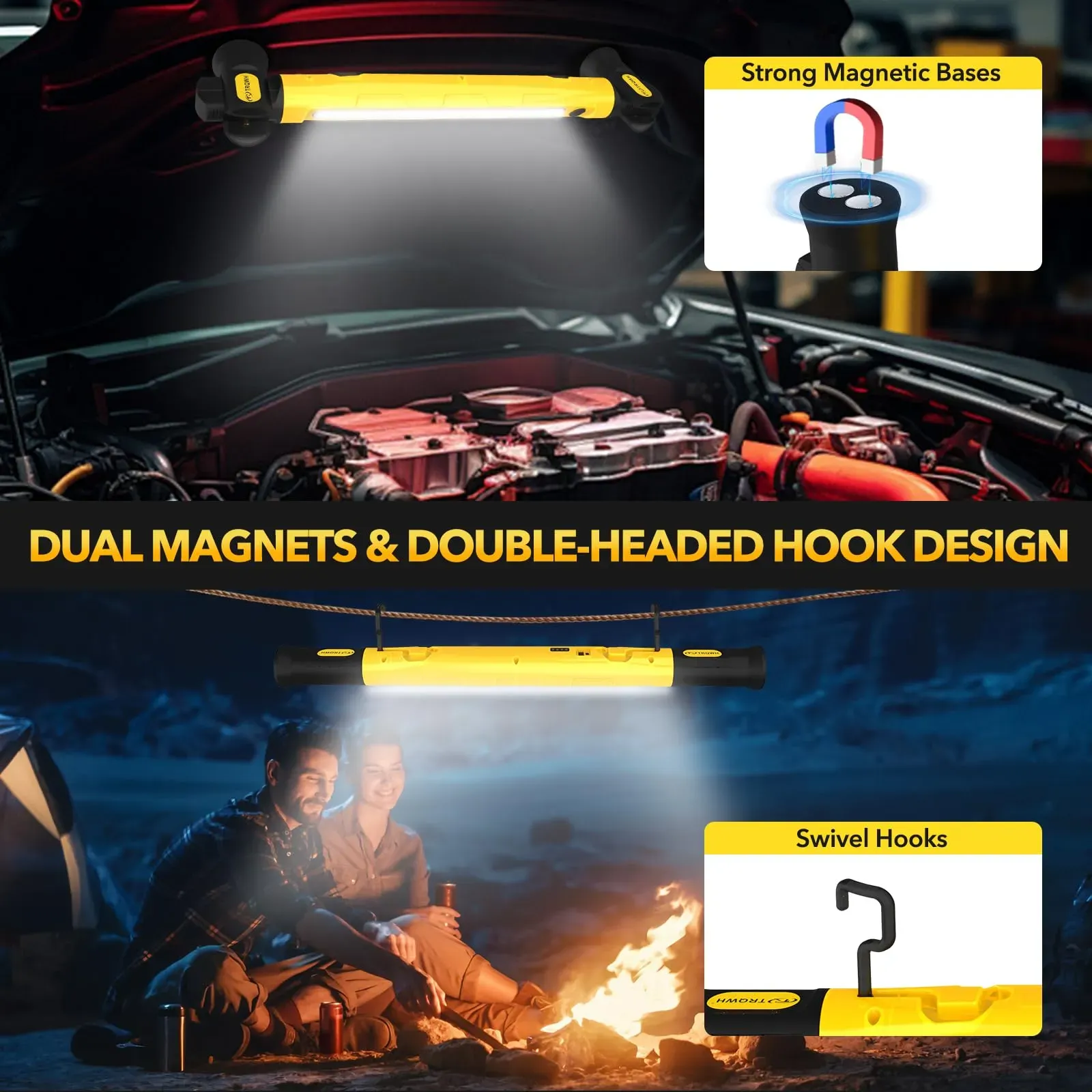 Yellow rechargeable LED work light bar built with strong magnet and hanging hooks, specially designed as under-hood lighting for auto repair, also applicable for garage maintenance and outdoor camping use, free shipping and cash on delivery.