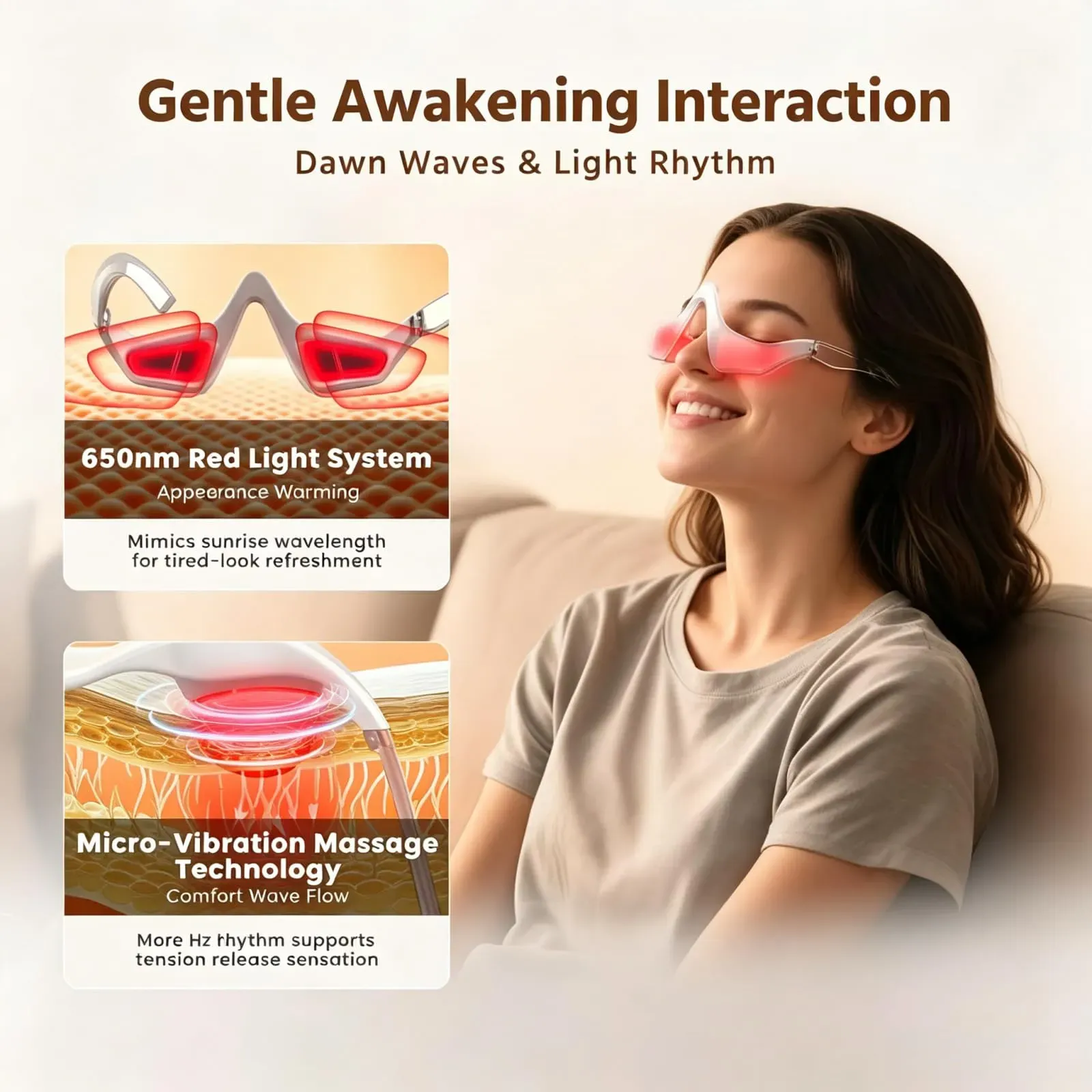 Red light therapy eye massager glasses designed for soothing tired eyes, effectively improve dark circles, under-eye puffiness, eye bags and fine lines around eye area, portable eye care beauty device for daily use, free shipping and cash on delivery.