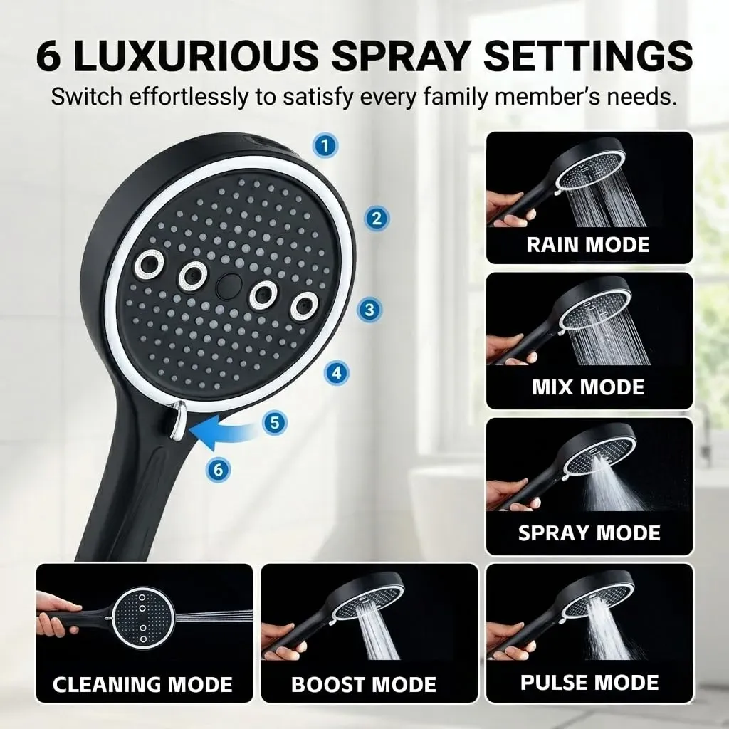 Black chrome-plated handheld shower head with 6 adjustable spray settings: rain, pulse, boost, mist, mix and self-clean mode. Matched with 2-meter explosion-proof PVC shower hose and no-drill installation bracket, easy to assemble for bathroom renovation, free shipping and cash on delivery.
