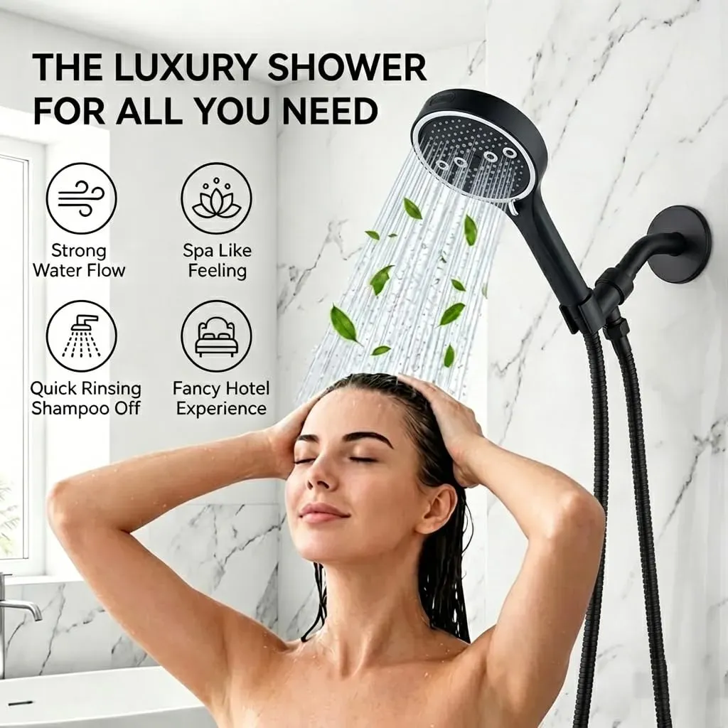 Black chrome-plated handheld shower head with 6 adjustable spray settings: rain, pulse, boost, mist, mix and self-clean mode. Matched with 2-meter explosion-proof PVC shower hose and no-drill installation bracket, easy to assemble for bathroom renovation, free shipping and cash on delivery.