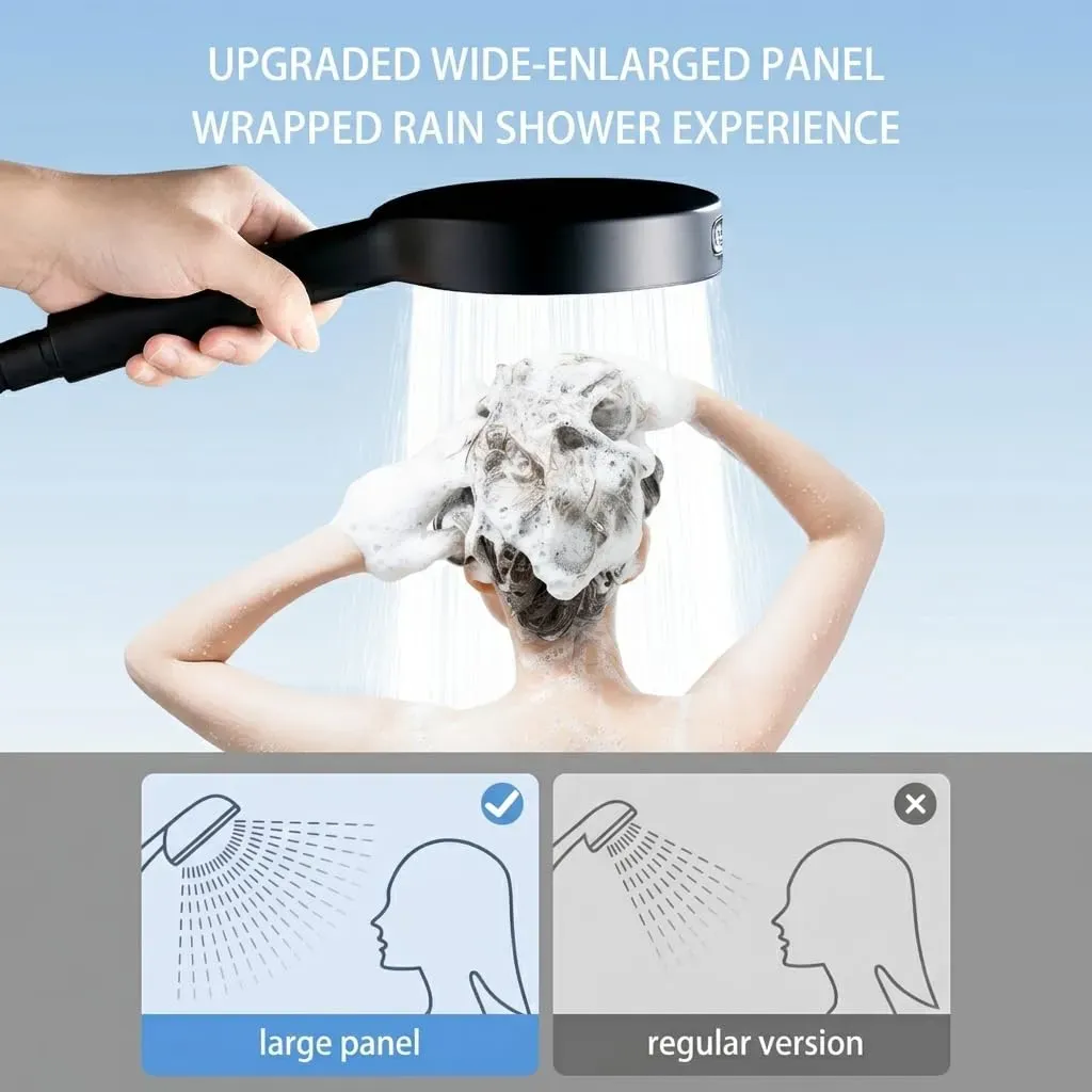 Black chrome-plated handheld shower head with 6 adjustable spray settings: rain, pulse, boost, mist, mix and self-clean mode. Matched with 2-meter explosion-proof PVC shower hose and no-drill installation bracket, easy to assemble for bathroom renovation, free shipping and cash on delivery.