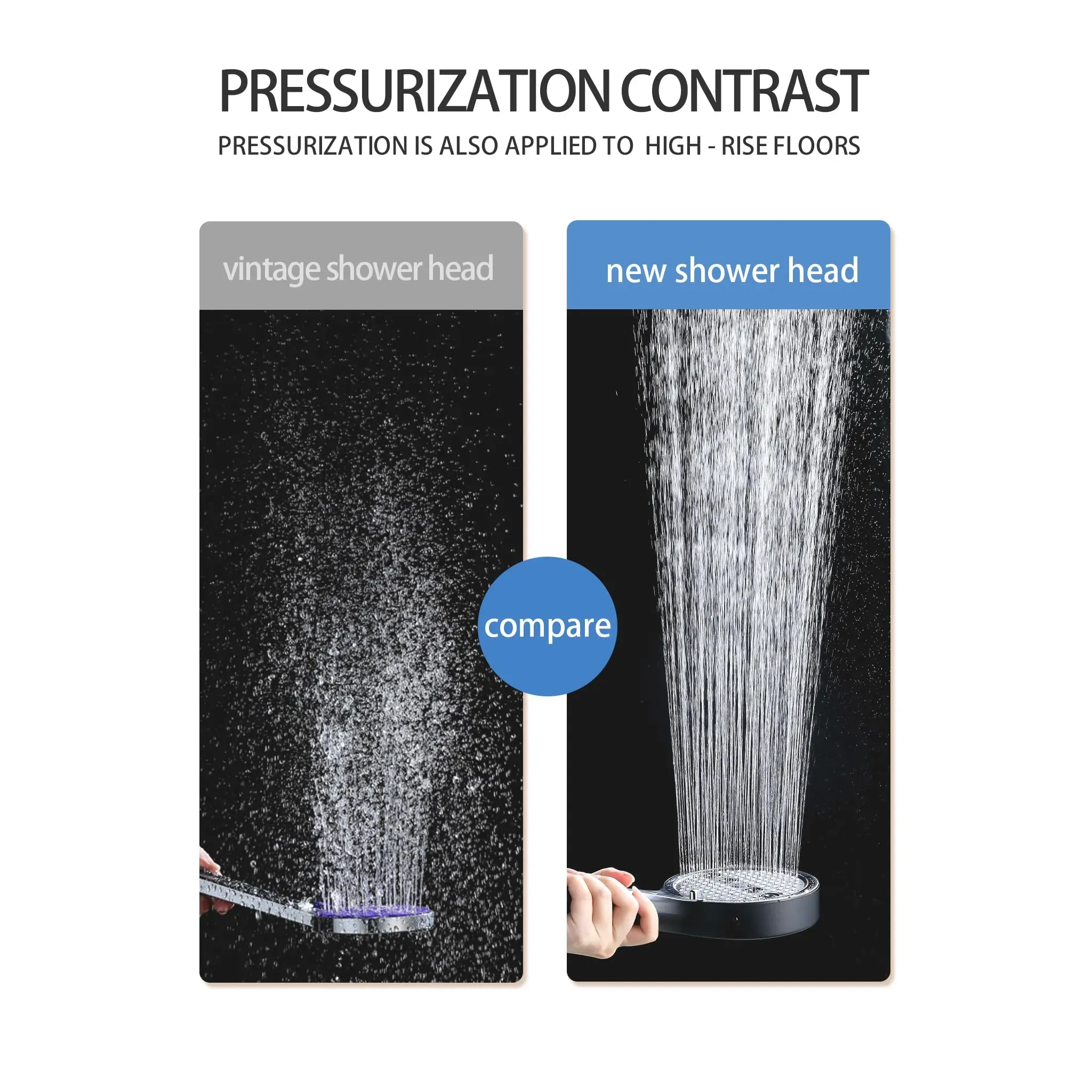Black chrome-plated handheld shower head with 6 adjustable spray settings: rain, pulse, boost, mist, mix and self-clean mode. Matched with 2-meter explosion-proof PVC shower hose and no-drill installation bracket, easy to assemble for bathroom renovation, free shipping and cash on delivery.