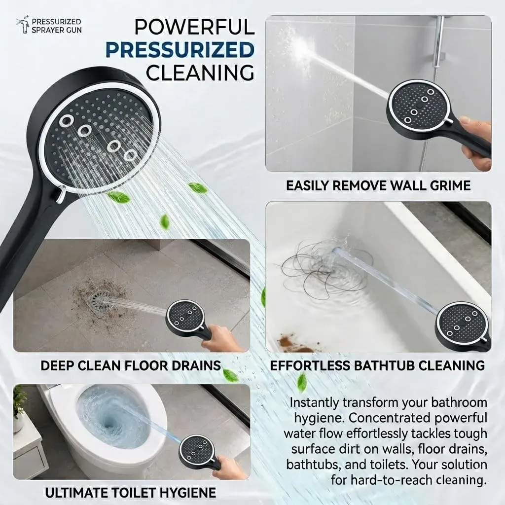 Black chrome-plated handheld shower head with 6 adjustable spray settings: rain, pulse, boost, mist, mix and self-clean mode. Matched with 2-meter explosion-proof PVC shower hose and no-drill installation bracket, easy to assemble for bathroom renovation, free shipping and cash on delivery.