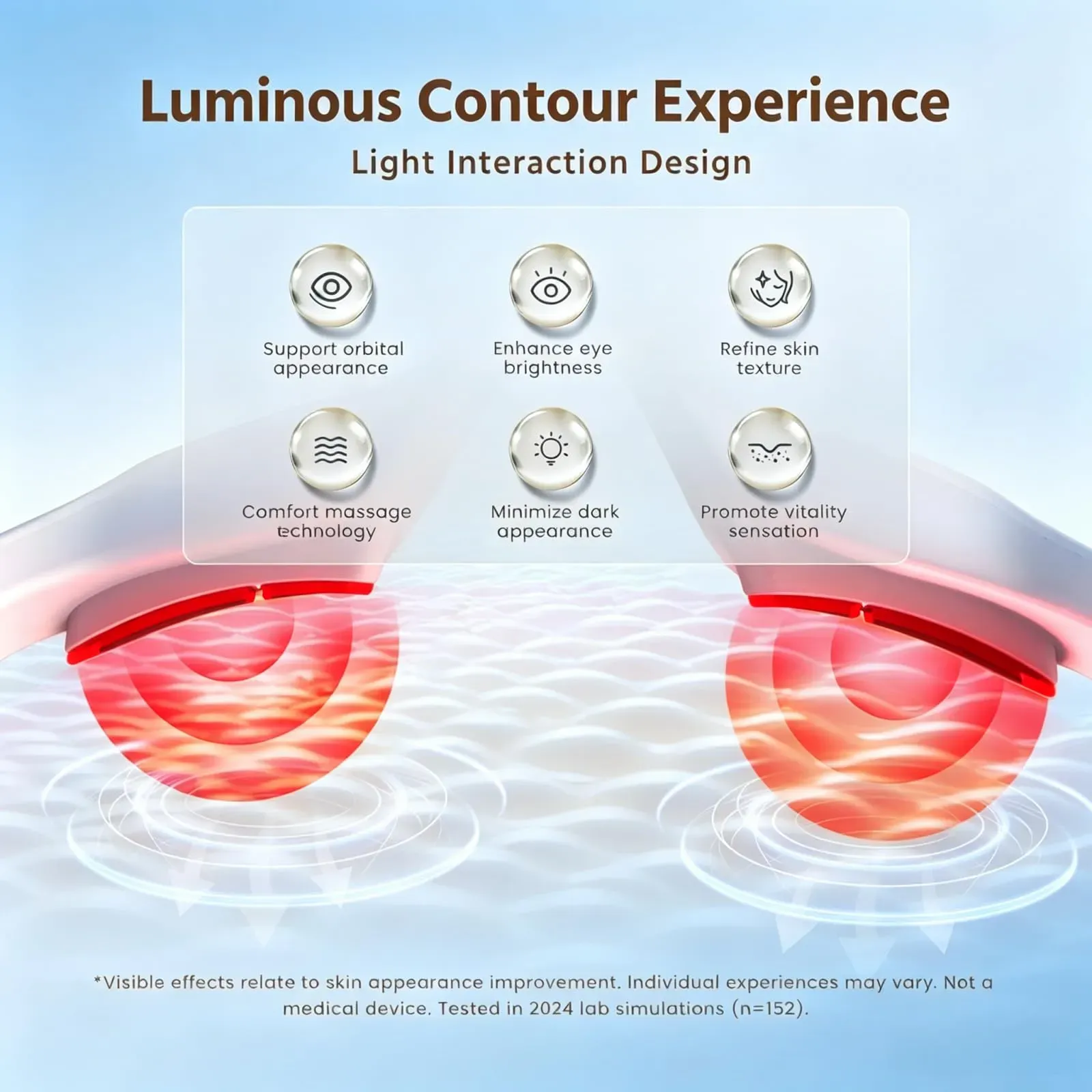 Red light therapy eye massager glasses designed for soothing tired eyes, effectively improve dark circles, under-eye puffiness, eye bags and fine lines around eye area, portable eye care beauty device for daily use, free shipping and cash on delivery.