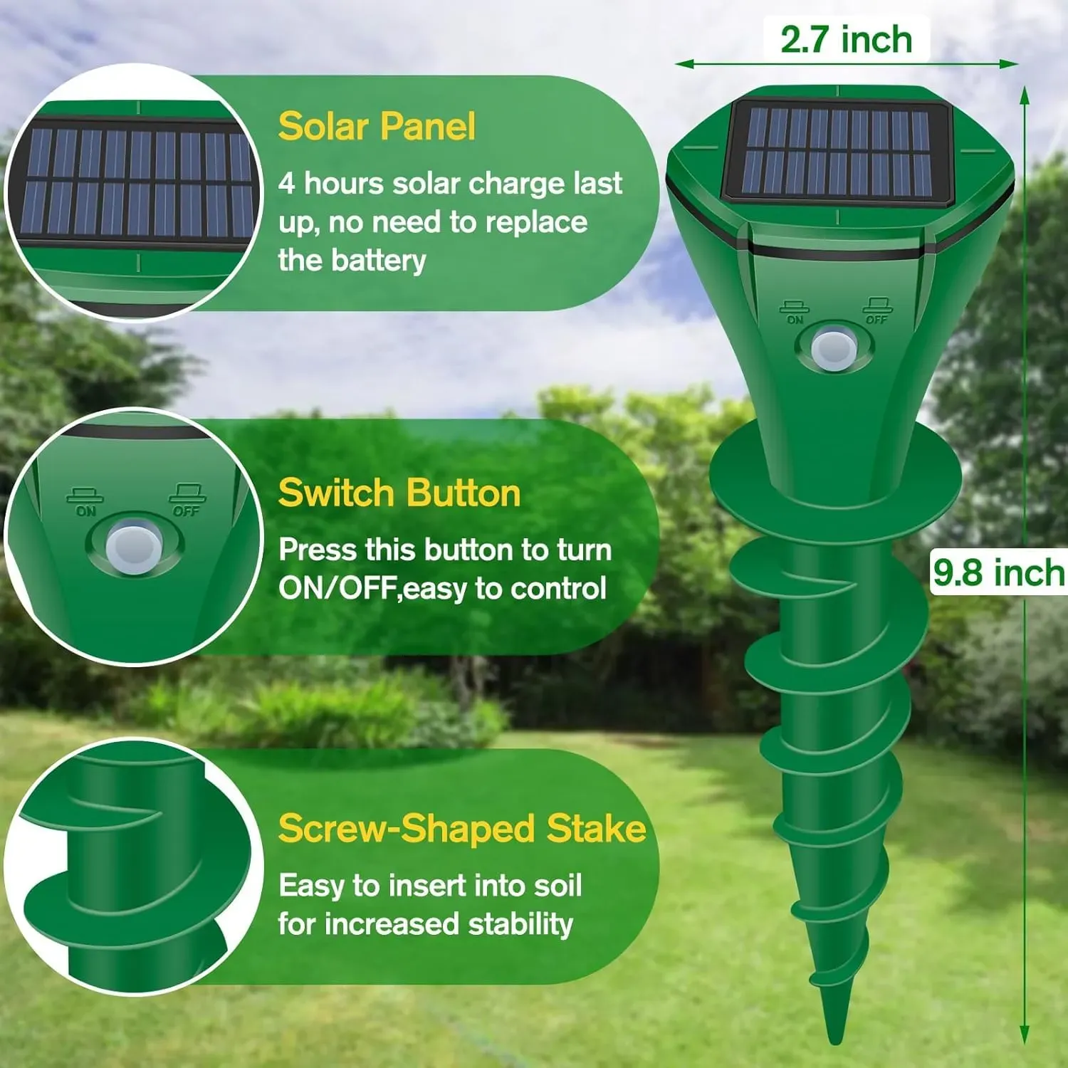 2 Pack Green Solar Powered Ultrasonic Mole Repeller, Waterproof Outdoor Pest Repellent to Repel Moles, Gophers, Snakes, Chipmunks and Groundhogs for Lawn Garden Yard