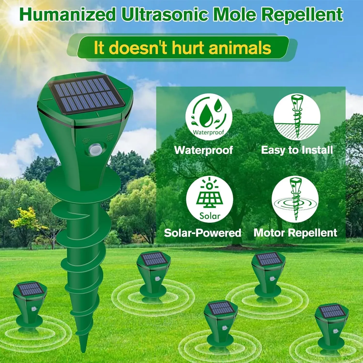 2 Pack Green Solar Powered Ultrasonic Mole Repeller, Waterproof Outdoor Pest Repellent to Repel Moles, Gophers, Snakes, Chipmunks and Groundhogs for Lawn Garden Yard