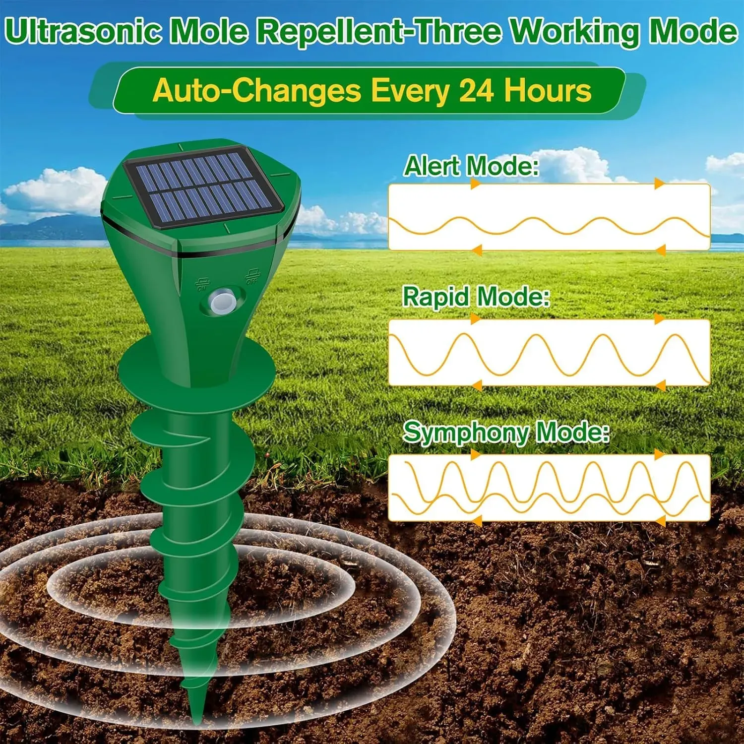 2 Pack Green Solar Powered Ultrasonic Mole Repeller, Waterproof Outdoor Pest Repellent to Repel Moles, Gophers, Snakes, Chipmunks and Groundhogs for Lawn Garden Yard
