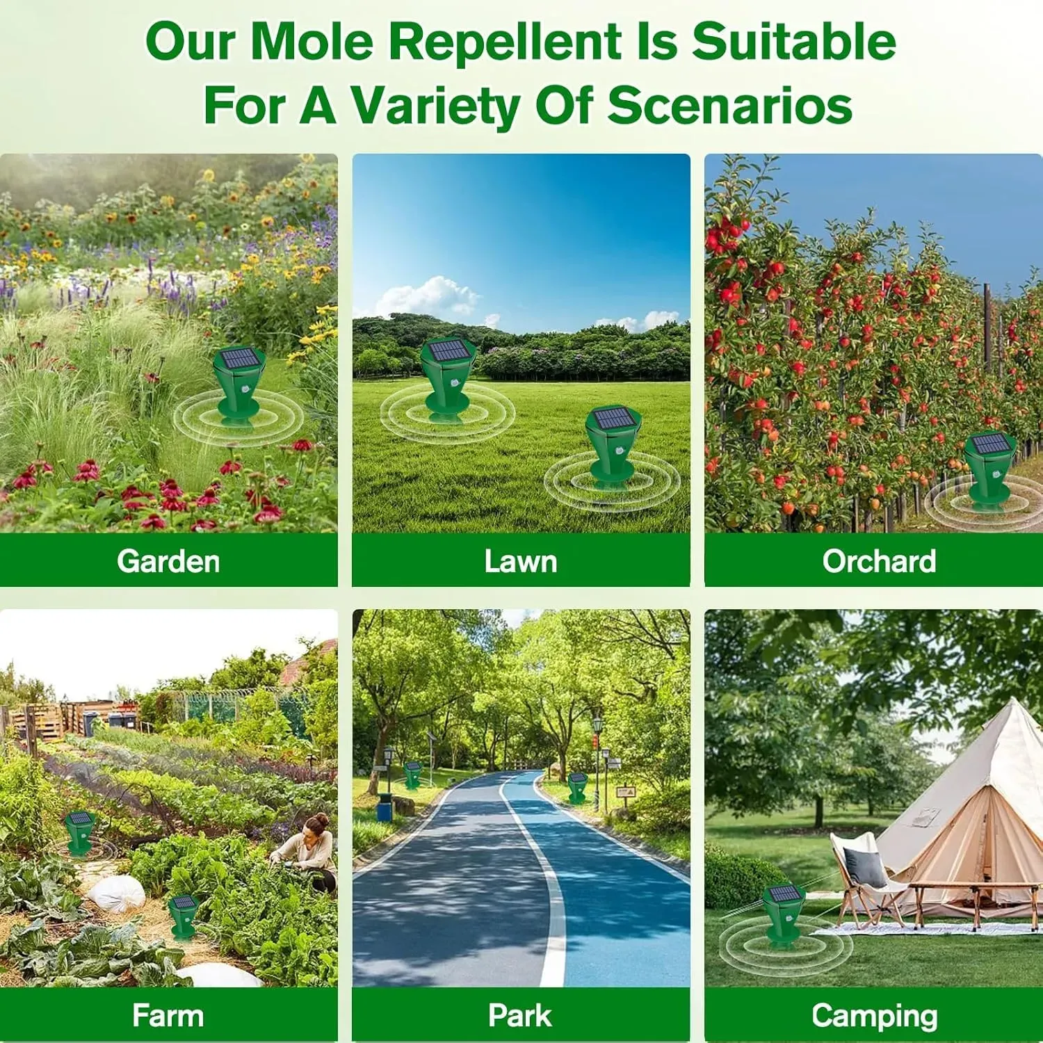 2 Pack Green Solar Powered Ultrasonic Mole Repeller, Waterproof Outdoor Pest Repellent to Repel Moles, Gophers, Snakes, Chipmunks and Groundhogs for Lawn Garden Yard
