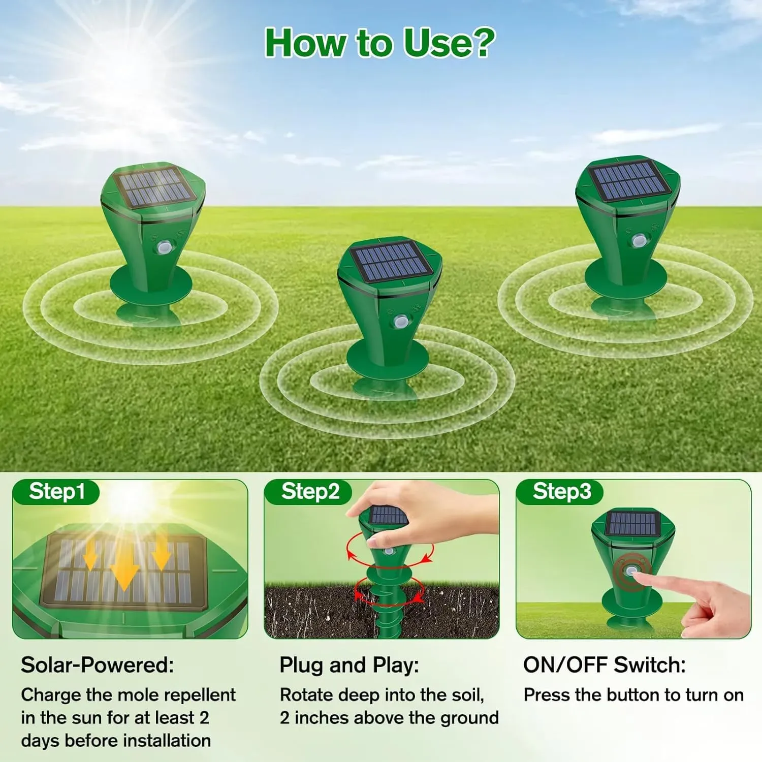 2 Pack Green Solar Powered Ultrasonic Mole Repeller, Waterproof Outdoor Pest Repellent to Repel Moles, Gophers, Snakes, Chipmunks and Groundhogs for Lawn Garden Yard
