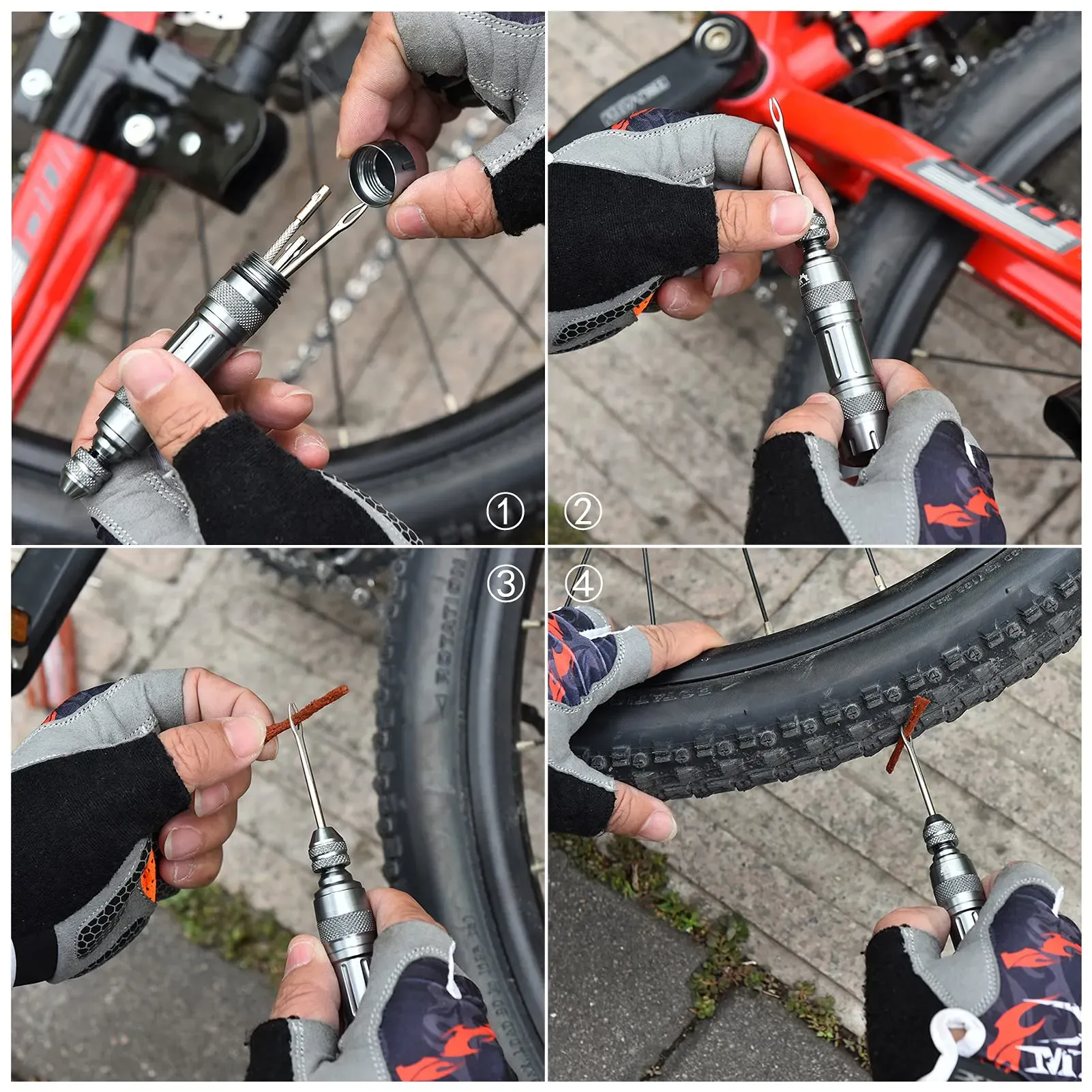 Portable Bike Tubeless Tire Puncture Repair Kit, Flat Tyre Quick Fix Tool Set with Sealant, Plugs and Inflator for Road Bike Wheel Emergency Maintenance