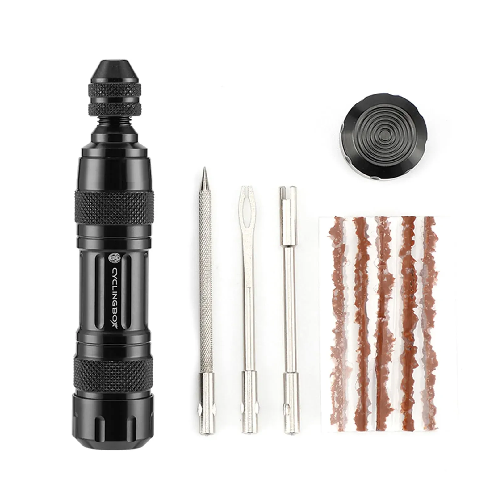 Portable Bike Tubeless Tire Puncture Repair Kit, Flat Tyre Quick Fix Tool Set with Sealant, Plugs and Inflator for Road Bike Wheel Emergency Maintenance
