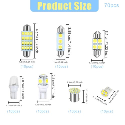 70 Pieces Super Bright White Car Interior LED Light Bulbs Kit, T10 31mm 36mm 41mm Replacement Bulbs, Plug and Play for Dome Map Reading License Plate Side Marker Lights