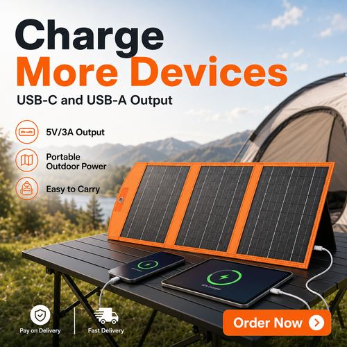 12 Watt Portable Foldable Solar Panel Charger with USB A and USB C Fast Charging Ports, IPX5 Waterproof Solar Charger Compatible with iPhone iPad Samsung Power Banks for Camping Hiking Outdoor Activities