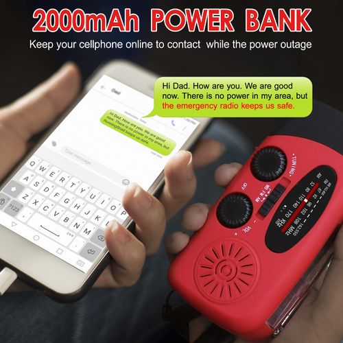Multifunctional Emergency Hand Crank Weather Radio, Portable AM FM NOAA Radio with LED Flashlight 2000mAh Power Bank for Phone Charging, Solar and USB Dual Charging Design for Camping Emergency Preparedness