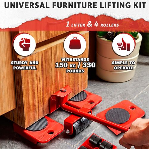 Red Heavy Duty Furniture Lifter and Mover Tool Set with Wheels, Convenient Slider Dolly Rollers for Easy Moving Sofa Bed Cabinet Washing Machine and Large Household Appliances