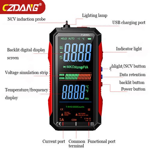 FS899S USB-C Rechargeable True RMS 6000 Counts Digital Multimeter, Large Backlight Display Multimeter Measuring AC DC Voltage Current Resistance Frequency Continuity NCV Temperature for Household and Industrial Maintenance