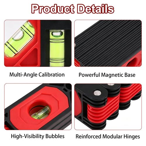 Magnetic Folding Level with Four Easy to Read Level Bubbles, Multi Angle Precision Measuring Tool Ideal for Woodworking and Construction Applications