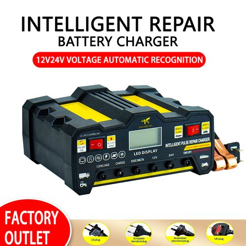 12V 24V Smart Pulse Repair Battery Charger, High Power Fast Automatic Charger for Car and Motorcycle Lead Acid Batteries with Desulfation Repair Function