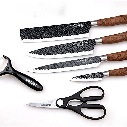 6 Pieces Forged Stainless Steel Kitchen Knife Set, Complete Cutlery Kit with Chef Slicing Paring Knives, Scissors, Ceramic Peeler and Protective Gift Storage Case for Home Cooking Use