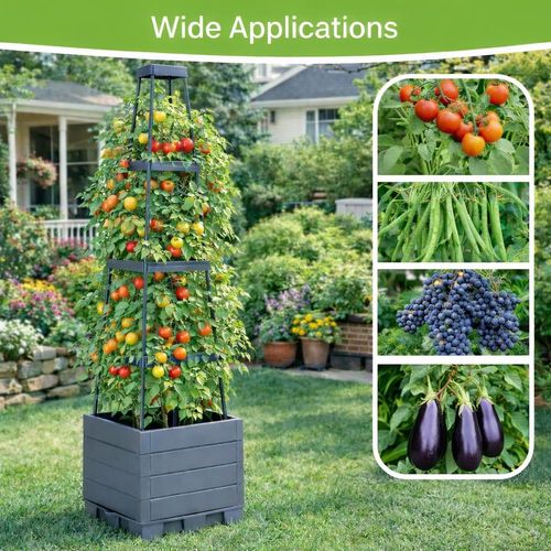 Self Watering Raised Garden Planter Bed Equipped With Trellis Tomato Cage, Ideal Planter Box For Climbing Plants, Vegetables, Vines And Flowers For Patio Balcony Outdoor Backyard Cultivation
