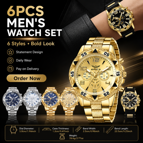 6PCS Luxury Men’s Quartz Watch Set, Fashion Wristwatches for Parties, Business Events, Daily Wear, Birthdays and Gifts, High-End Style Watch Pack with COD Free Shipping and Pay on Delivery