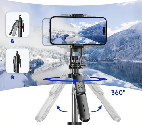 📹📱2-in-1 Tripod & Selfie Stick - Master Every Move,BLACK SELFIE STICK