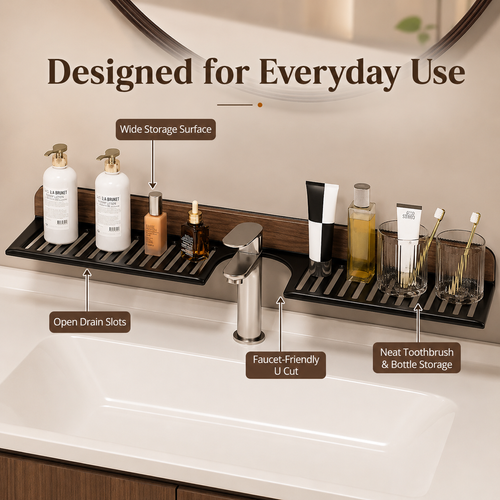 60cm Bathroom Sink Shelf Over Faucet Organizer, No-Drill Adhesive Vanity Storage Rack with Walnut Wood Look for Toiletries, Soap, Skincare and Washbasin Organization, COD Free Shipping and Pay on Delivery