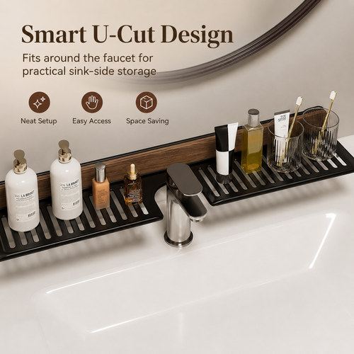 60cm Bathroom Sink Shelf Over Faucet Organizer, No-Drill Adhesive Vanity Storage Rack with Walnut Wood Look for Toiletries, Soap, Skincare and Washbasin Organization, COD Free Shipping and Pay on Delivery