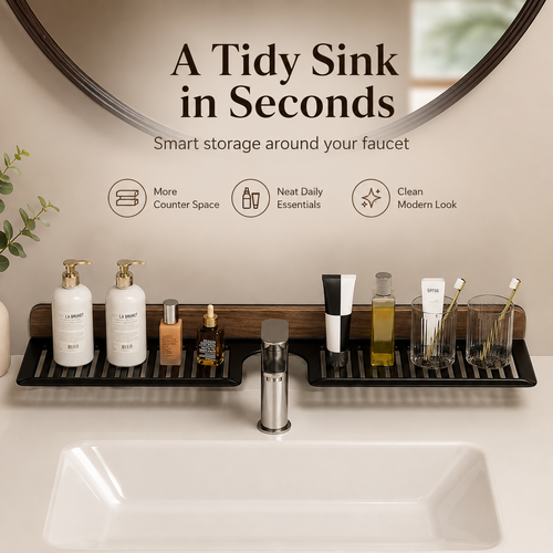 60cm Bathroom Sink Shelf Over Faucet Organizer, No-Drill Adhesive Vanity Storage Rack with Walnut Wood Look for Toiletries, Soap, Skincare and Washbasin Organization, COD Free Shipping and Pay on Delivery