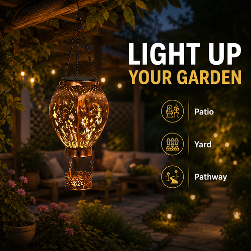 Solar Hot Air Balloon Hanging Lantern, Hollow Metal LED Projection Light for Garden, Patio, Balcony, Courtyard and Yard Decoration, Outdoor Solar Atmosphere Lamp, COD Free Shipping and Pay on Delivery