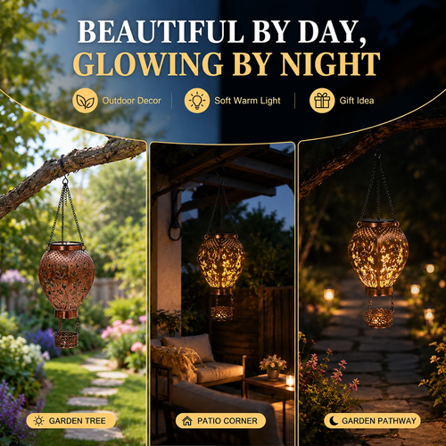 Solar Hot Air Balloon Hanging Lantern, Hollow Metal LED Projection Light for Garden, Patio, Balcony, Courtyard and Yard Decoration, Outdoor Solar Atmosphere Lamp, COD Free Shipping and Pay on Delivery