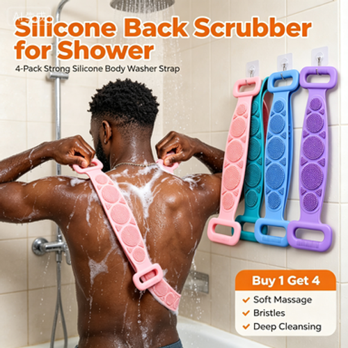 4-Piece Set: Double-Sided Silicone Back Scrubber with an ergonomic handle