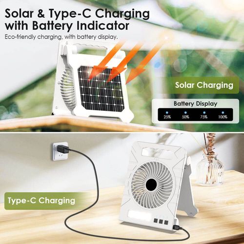 Solar-Powered Fan, Portable Power Bank (4000 mAh), LED Light
