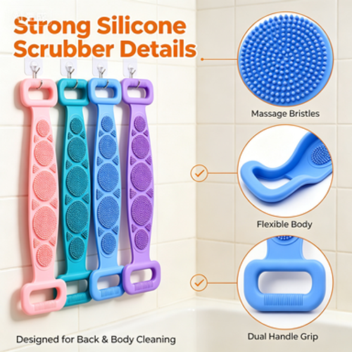 4-Piece Set: Double-Sided Silicone Back Scrubber with an ergonomic handle