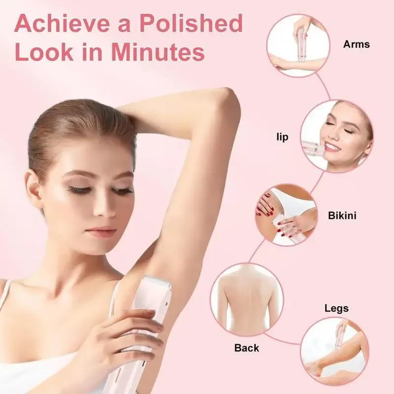 2-in-1 Electric Hair Removal Tool for Women, Dual-Head Cordless Waterproof Bikini Shaver and Trimmer for Body and Facial Hair, Painless Precision Shaver for Wet and Dry Use, USB Rechargeable Shaver, Facial Hair Groomer