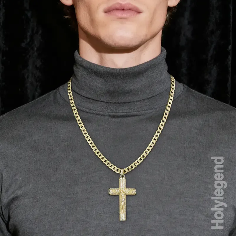 14 Karat Real Gold-Plated Men's Christian Cross Necklace - Advanced Nanotech Non-Tarnish Cuban Link with Jesus Crucifix Pendant, 24in Daily Wear Jewelry Accessory Gift for Boyfriend, Men's Accessories