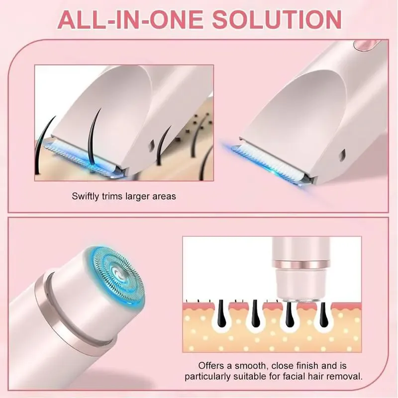 2-in-1 Electric Hair Removal Tool for Women, Dual-Head Cordless Waterproof Bikini Shaver and Trimmer for Body and Facial Hair, Painless Precision Shaver for Wet and Dry Use, USB Rechargeable Shaver, Facial Hair Groomer