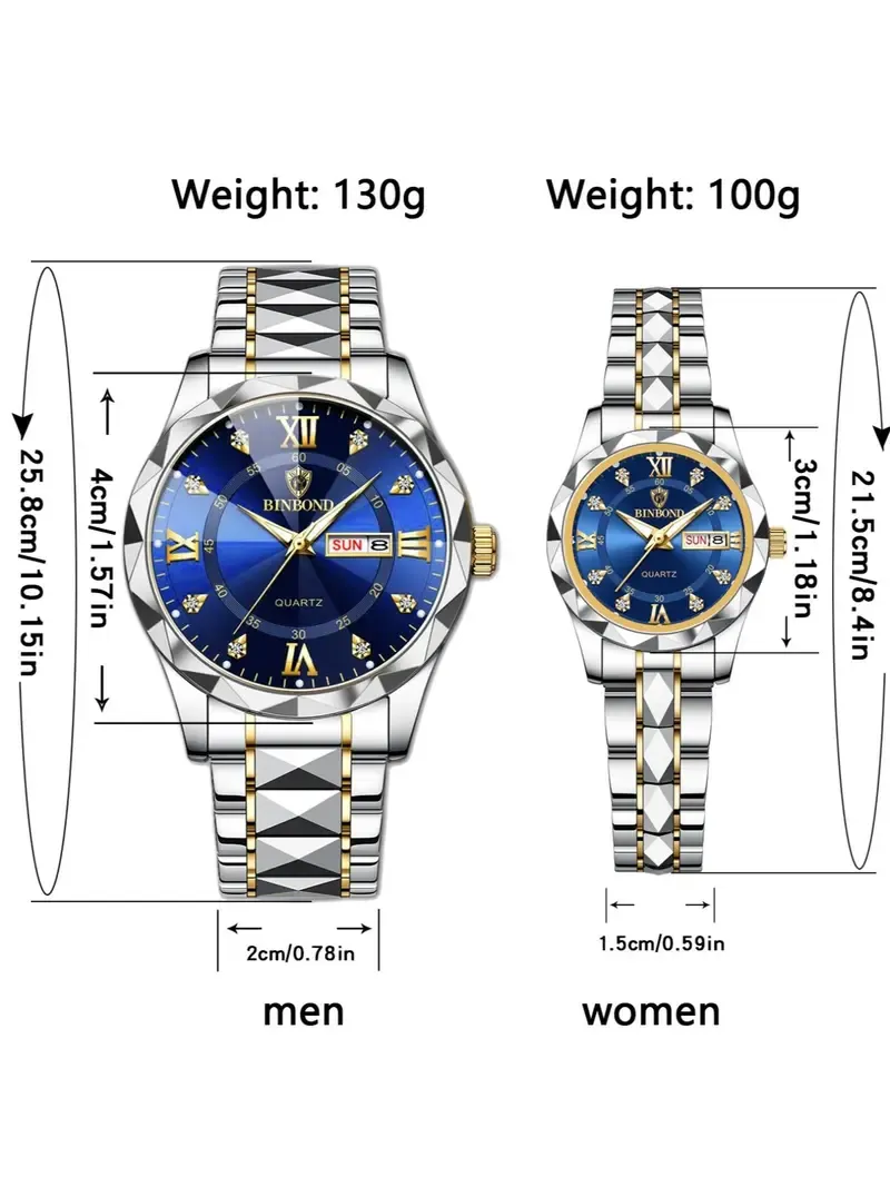 Couple Casual Water Resistant Watch, Quartz Analog Watches, Analog Wristwatches, Fashion Waterproof Round Dial Analog Stainless Steel Quartz Watch Set with Date & Week Display Function, Modern Accessories As Gift with Box